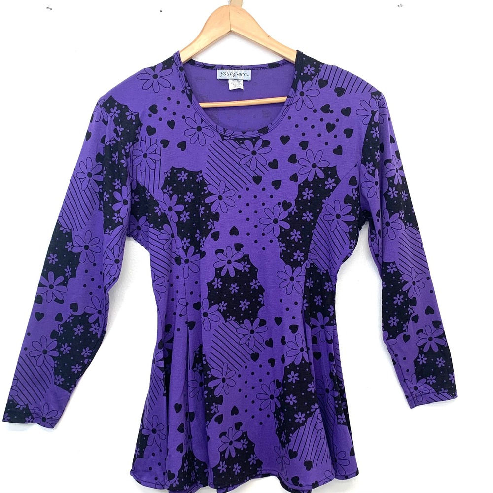Vintage 90s Purple Floral Heart Top Long Sleeve Large Fit Flare Boho Fairy USA